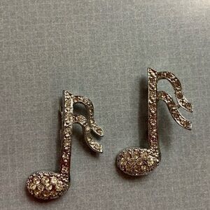 Silver Tone Rhinestone Music Note Brooch set of 2